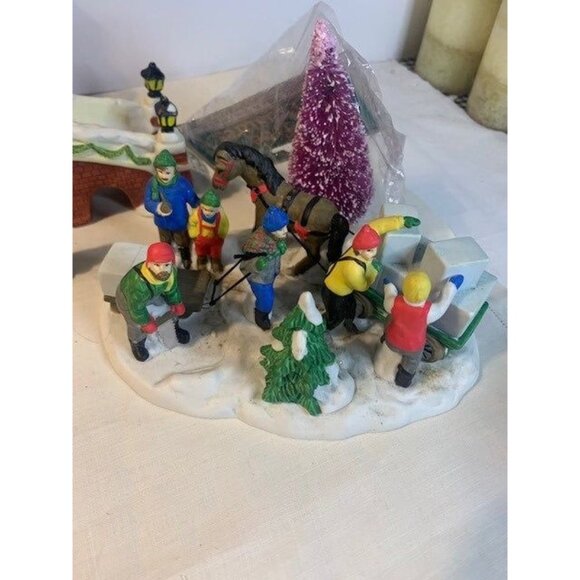 Vintage Hand-Painted Ceramic Christmas Village Set with Bridge Children Horse & - Picture 2 of 9